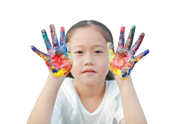Portrait Little Girl Looking Her Colorful Hands Painted Focus Child — Stock Photo, Image