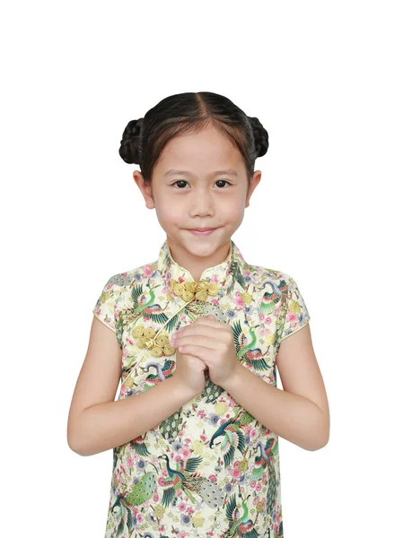 Azji mała dziewczynka w chińskiej tradycyjnej sukience z powitaniami — Zdjęcie stockowe