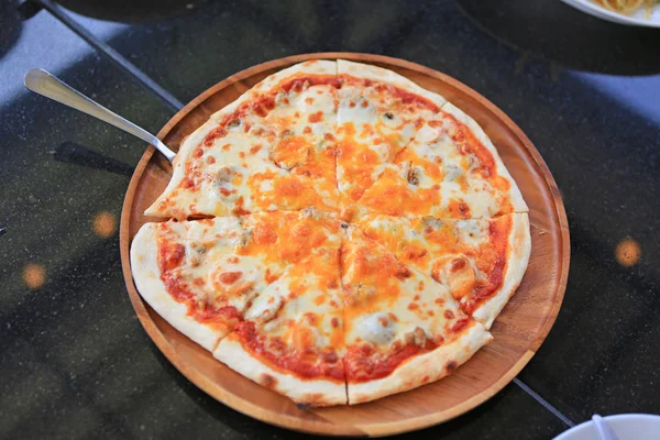 Delicious Pizza Served Wood Tray Black Table — Stock Photo, Image