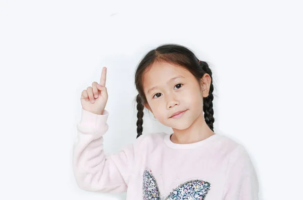 Gadis Kecil Yang Lucu Menunjuk Telunjuk Atas Menyajikan Sesuatu Yang — Stok Foto