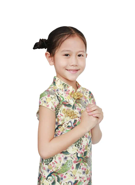 Belle Petite Fille Asiatique Dans Cheongsam Traditionnel Avec Geste Salutation — Photo