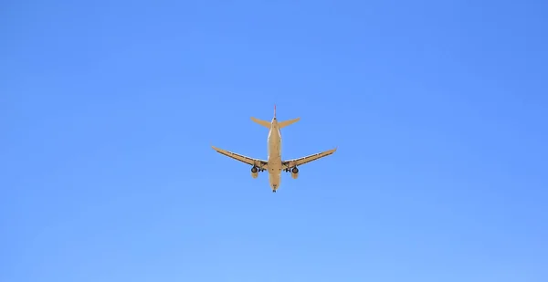 Avião Voando Fundo Céu Azul Abaixo Vista Visto Por Trás — Fotografia de Stock
