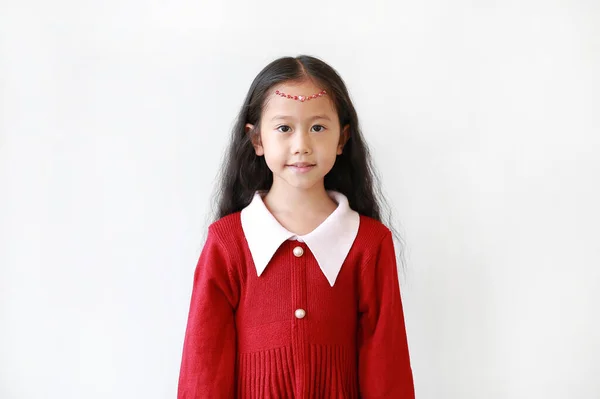 Mała Dziewczynka Ubieranie Księżniczka Kryształów Czole Uśmiecha Się Białym Tle — Zdjęcie stockowe