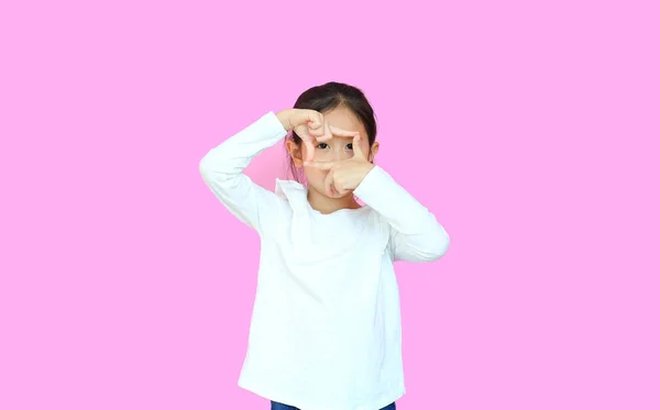 Adorable Asian Little Kid Girl Making Frame Hands Fingers Pink — Stock Photo, Image