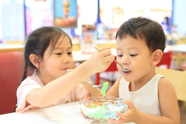 Sœur Asiatique Son Petit Frère Mangeant Glace Ensemble Enfant Fille — Photo