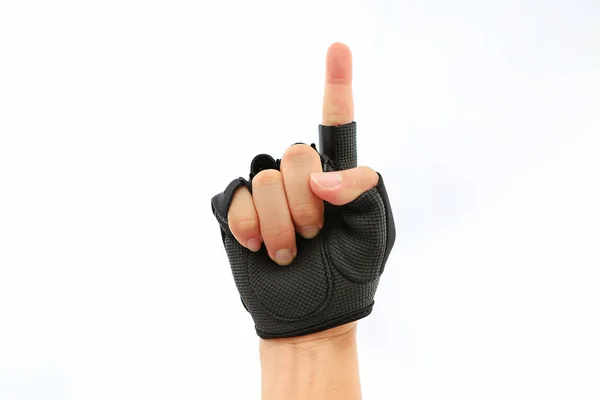 Hand Trägt Sporthandschuh Mit Zeigefinger Isoliert Auf Weißem Hintergrund — Stockfoto