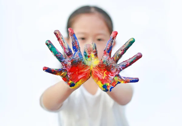 Little Girl Colorful Hands Painted Isolated White Background Focus Child — Stock Photo, Image