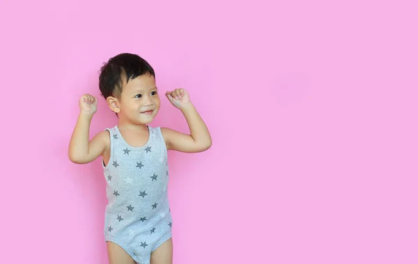 Portrait Happy Little Asian Baby Boy Expression Raise Hands Looking — Stock Photo, Image