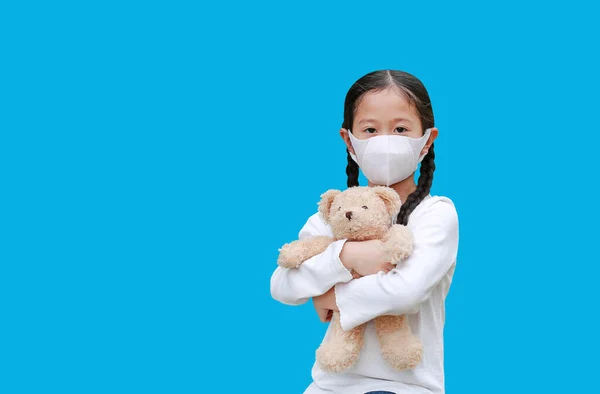 Coronavirus Covid Pollution Protection Concept Asian Little Kid Girl Hugging — Stock Photo, Image