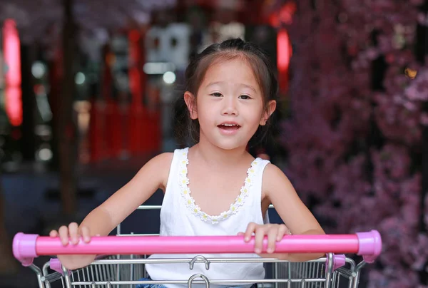 Lächelndes Kleines Mädchen Einkaufswagen Beim Familieneinkauf Auf Dem Markt — Stockfoto