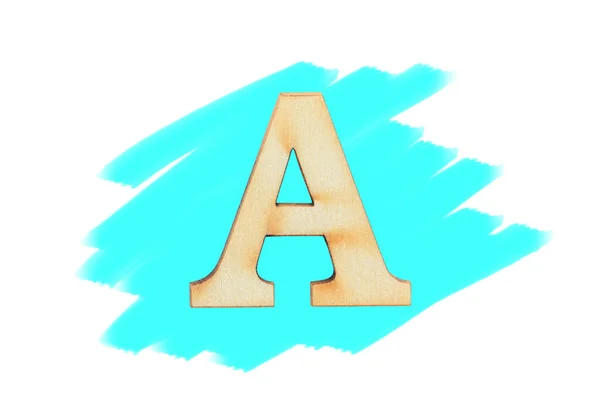 Alphabet Letter Wooden Font Painted Color Cyan Isolated White Background — Fotografia de Stock