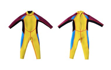 Çocuklar için mayo, mor ve sarı beyaz arka planda izole edilmiş siyah ve mavi takımlar. Moda sporu mayosu. Ön ve arka görünüm