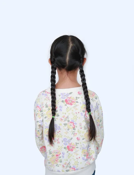 Πλάτη Άποψη Μικρό Κορίτσι Ασιατικό Παιδί Τρίχες Pigtail Απομονώνονται Λευκό — Φωτογραφία Αρχείου