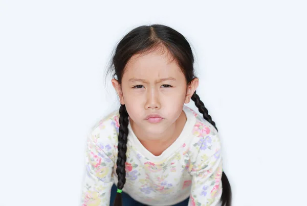 Cara Engraçada Não Satisfeito Menina Criança Asiática Fundo Branco Imagem — Fotografia de Stock