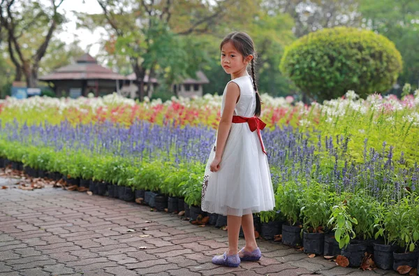 Friedliches Asiatisches Kleines Mädchen Steht Morgens Frischen Blumengarten — Stockfoto