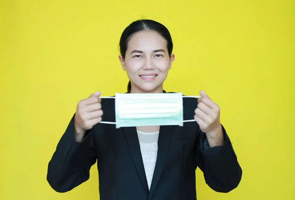 Portrait Asian Business Woman Wearing Medical Shielding Mask Isolated Yellow — Stock Photo, Image