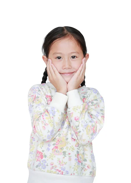 Sorrindo Asiático Menina Com Toque Mãos Bochecha Olhando Câmera Isolada — Fotografia de Stock