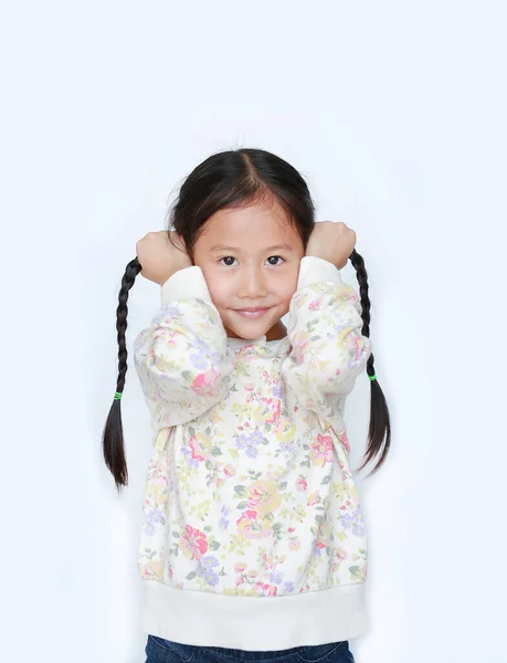 Porträtt Asiatisk Liten Barn Flicka Håller Hennes Pigtail Hår Med — Stockfoto