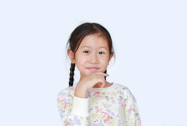 Attrayant Asiatique Petite Fille Enfant Souriant Touchant Main Sur Menton — Photo