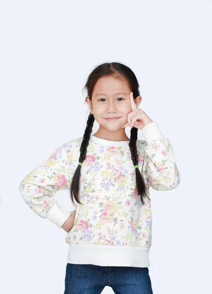 Joyeuse Asiatique Petit Enfant Fille Pointant Index Doigt Tête Pour — Photo