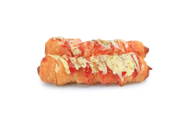 Kolbász Majonézzel Ketchuppal Fehér Alapon Izolálva Hod Francia Kutya Tésztában — Stock Fotó