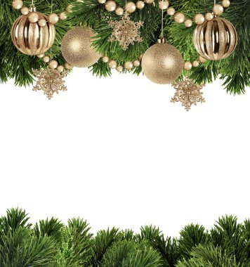 Noel ağacı ve beyaz zemin üzerine altın top dalları ile Noel arka plan