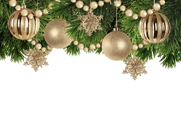 Χριστουγεννιάτικο Φόντο Κλαδιά Του Χριστουγεννιάτικου Δέντρου Και Χρυσές Μπάλες Λευκό — Φωτογραφία Αρχείου