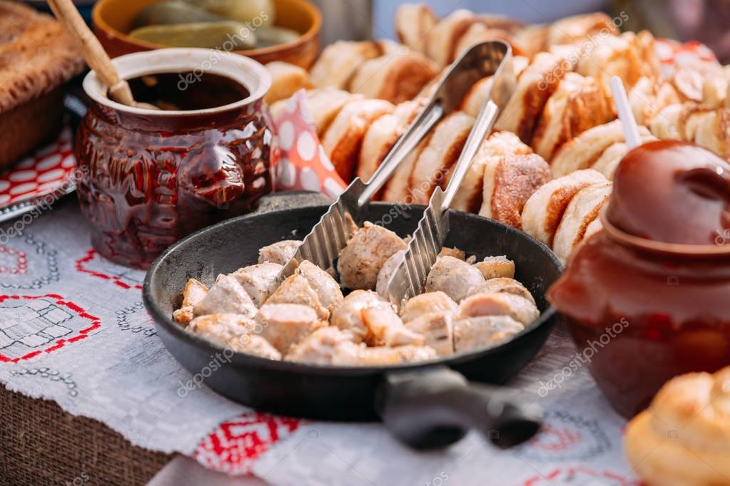 Dishes of the traditional Belarusian cuisine - fried bacon ...