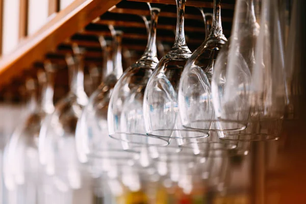 Empty glasses for wine above a bar rack. Hanging wine glasses in