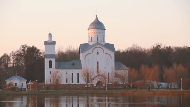 Gomel, Homiel Belarus. St. Alexander Nevsky Church in Gomel, Homiel Belarus. Orthodox Church At Sunset Or Sunrise In Autumn Season — Stock Video