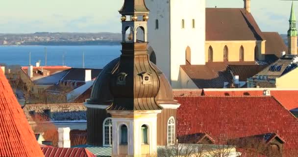 Tallinn, Estland. Panoramautsikt över en del av Tallinns stadsmur med torn. Gamla Tallinns murar. Populär plats — Stockvideo