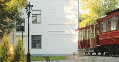Vitebsk, Belarus. Vitebsk Tramvayı Müzesi 'ndeki Vitebsk Tramvayı Anıtı. Pan, Panorama