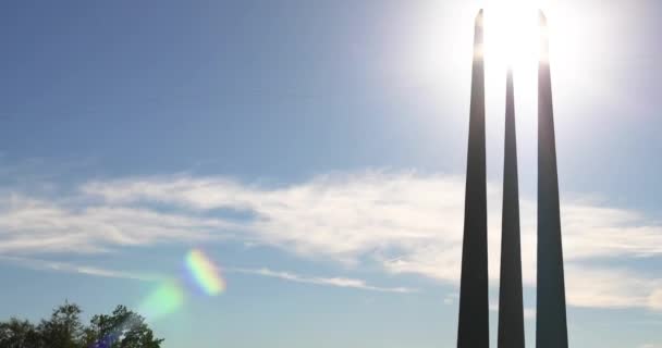 Vitebsk, Belarus. Monument Three Bayonets Of Memorial Of Liberators Near Victory Park. Monument To Heroes Who Died In Battles For Liberation Of Vitebsk Region At Great Patriotic War. Pan, Panorama — Stock Video