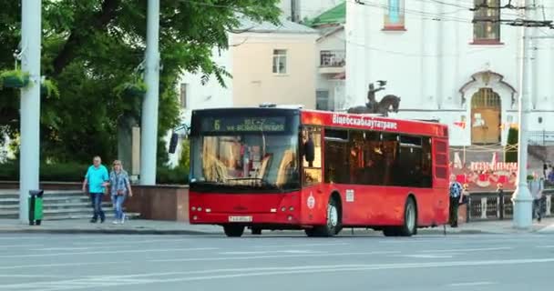 Витебск, Беларусь. Автобус Red Public Maz Moving On Street в летний день. Пан, Панорама — стоковое видео