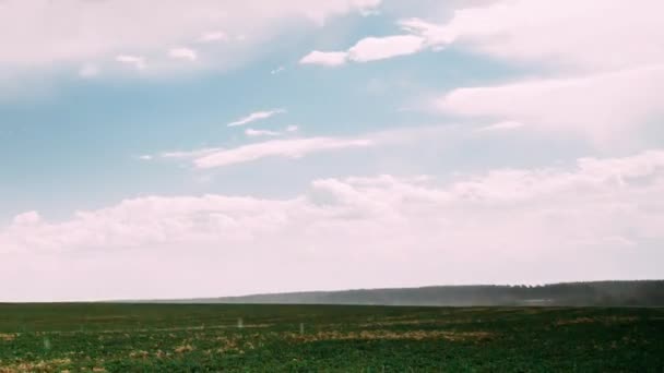 Час Лапсе Таймелапс сільської місцевості Сільське поле Весняний луговий пейзаж під сценічним драматичним небом до і під час дощу. Хмари дощу на горизонті. Концепція сільського господарства і погоди — стокове відео