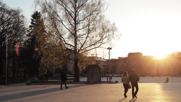 リトアニアのヴィリニュス。聖スタニスラウス大聖堂の近くの大聖堂広場を歩く人々と春の夕日の鐘楼と聖ヴラディスラフ — ストック動画