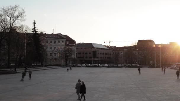 Vilnius, Lituania. Persone a piedi in Piazza della Cattedrale vicino Cattedrale Basilica di San Stanislao e San Vladislav con il campanile in primavera tramonto — Video Stock