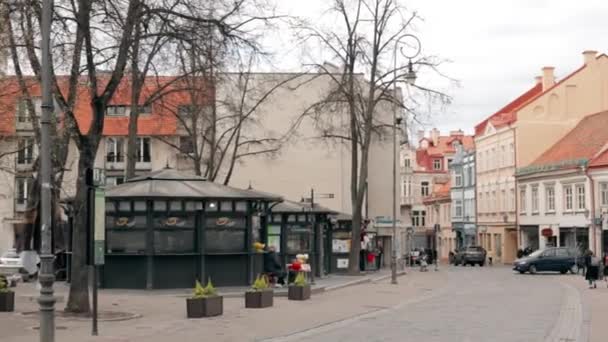 Vilnius, Litauen. Människor som går på gågatan på trottoaren i Vår i Europa. — Stockvideo