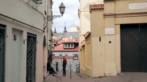 Literatu Street nel centro storico di Vilnius, Lituania. Parete c opere d'arte letteraria . — Video Stock