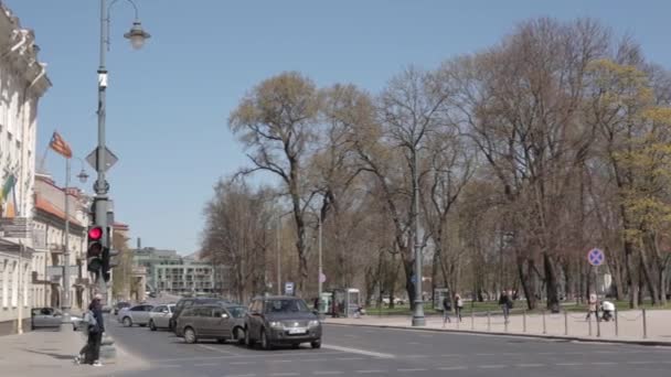 Литва, Вильнюс. Соборная площадь возле соборной базилики Св. Станислава и Св. Владислава с колокольней в день весны — стоковое видео