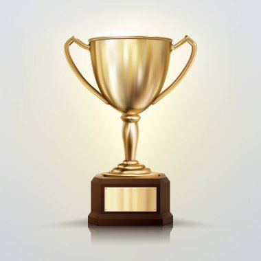 Beyaz arka planda izole edilmiş 3D gerçekçi altın kupa. Şampiyonluk kupası. Spor turnuvası ödülü.