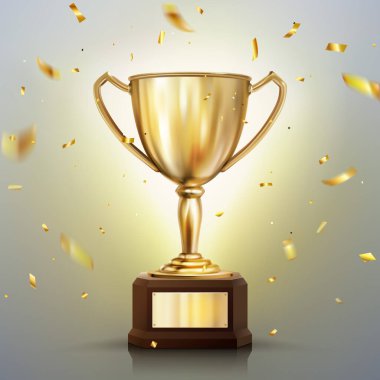 Beyaz arka planda izole edilmiş 3D gerçekçi altın kupa. Şampiyonluk kupası düşen konfetilerle çevrili. Spor turnuvası ödülü