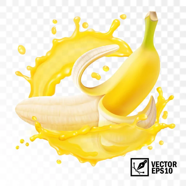 Realistische Transparante Geïsoleerde Vector Geschilde Bananenvrucht Een Plons Sap Met — Stockvector
