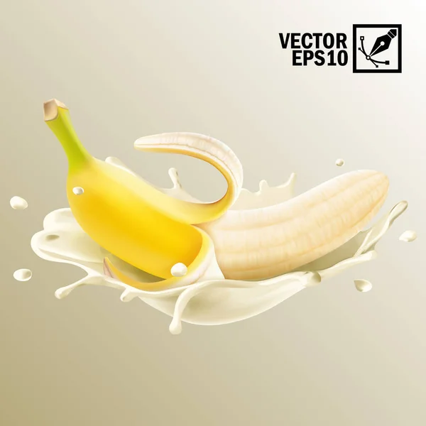 Realistisk Isolerad Vektor Stänk Mjölk Eller Yoghurt Skalade Bananer Frukt — Stock vektor