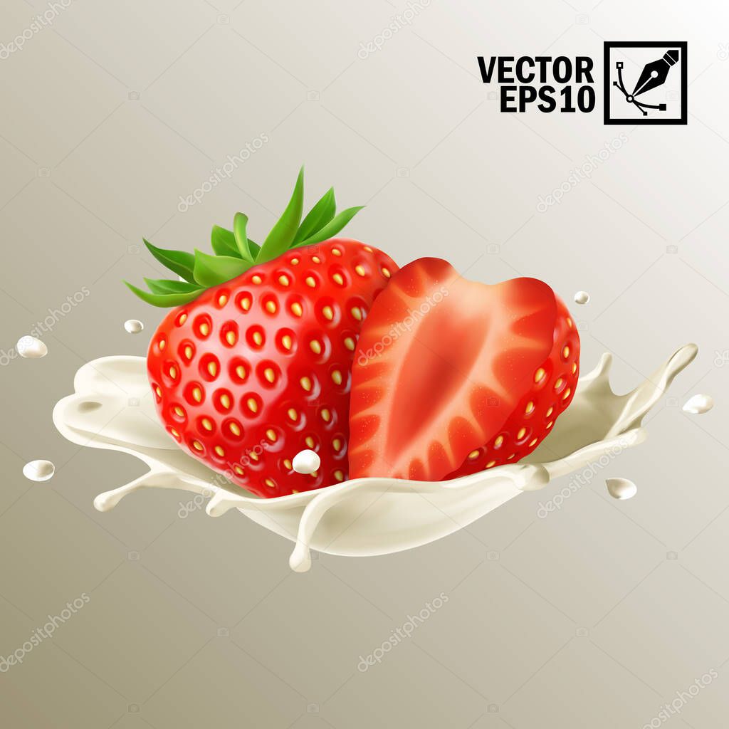 3d realistic isolated vector milk or yogurt splash whole and slice of strawberry, editable handmade mesh