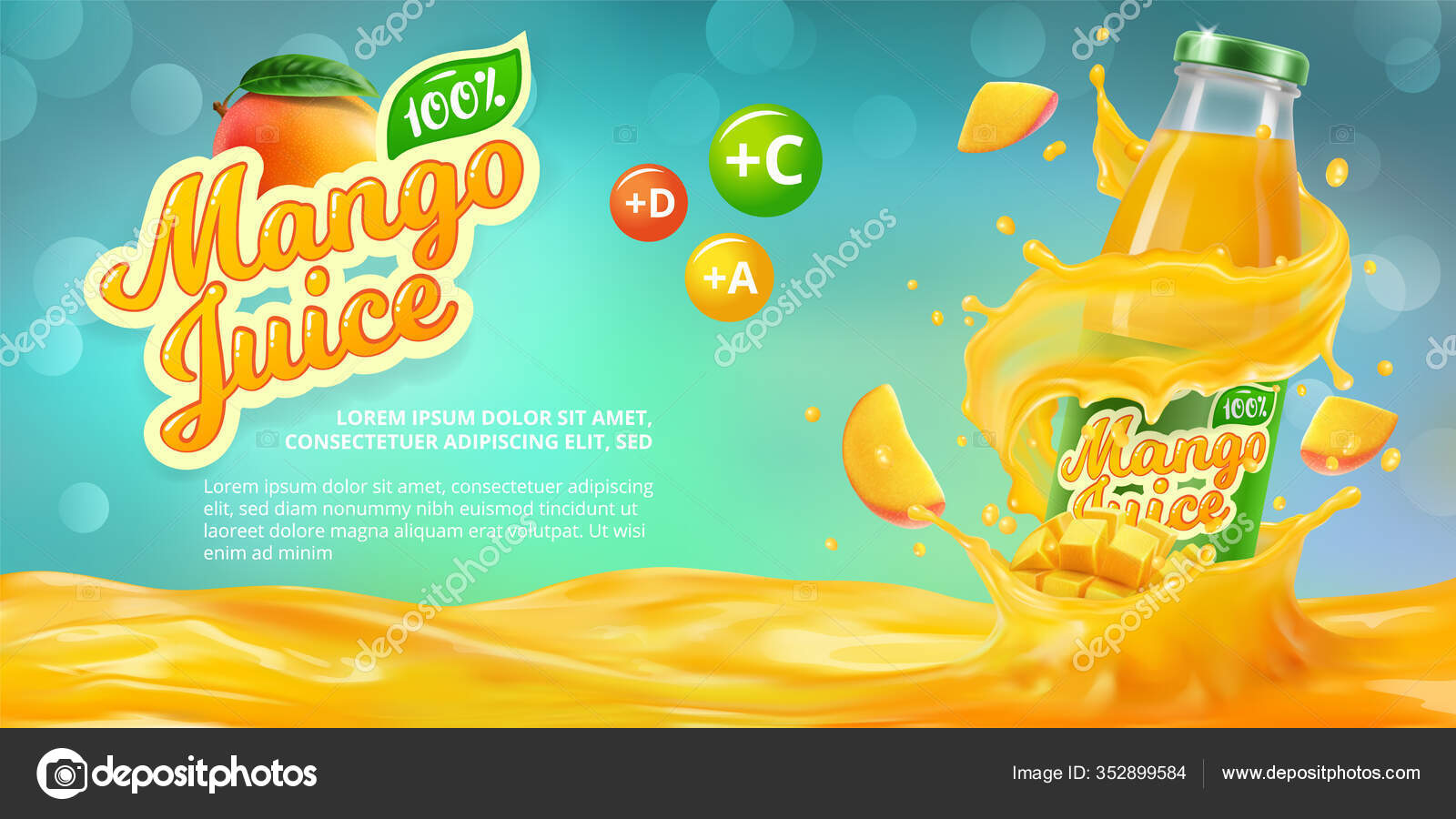 Banner Horizontal Con Publicidad Realista Jugo Mango Una Botella Con Vector  de stock #352899584 de ©Good_Job, image size:1600x900