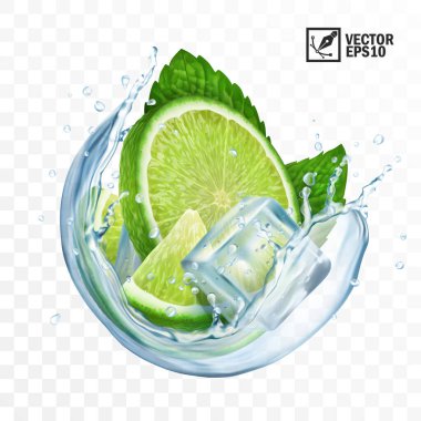 gerçekçi şeffaf vektör çemberi sıçrama mojito, buz küpleri, nane yaprakları, su sıçrama ve limon