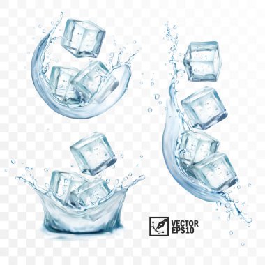 Gerçekçi vektör şeffaf buz küpleri farklı fışkırmalar ve su sıçramaları, dikey ve yatay