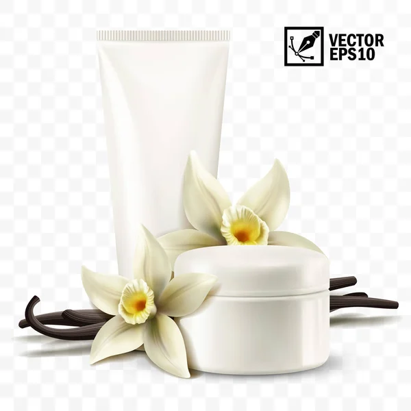 Mockup Vetorial Isolado Realista Frasco Tubo Com Creme Cosmético Flores — Vetor de Stock