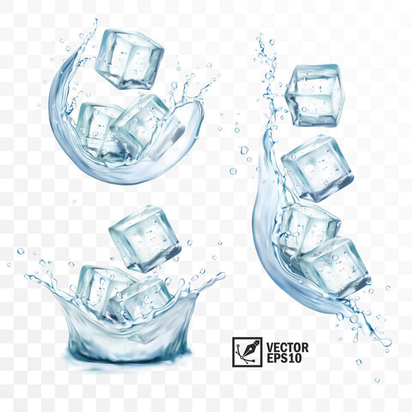 realistic vector transparent ice cubes in different spurts and splashes of water, vertical and horizontal